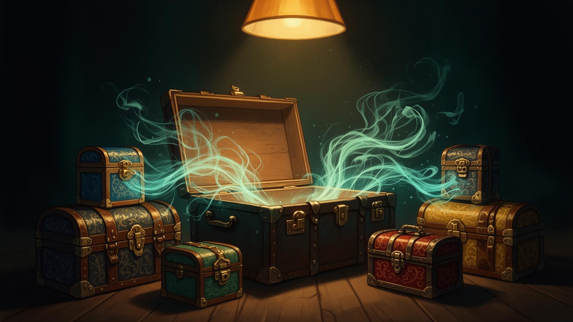 Several distinct ornate vintage crates around one large central open steamer trunk, with glowing teal wisps of memory flowing from each smaller crate into the trunk.