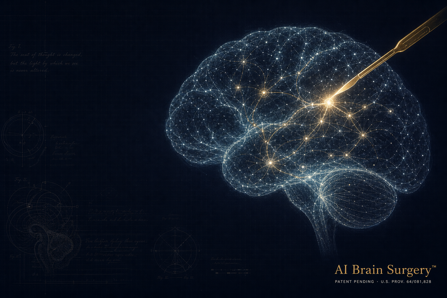 AI Brain Surgery — a glowing constellation of memory atoms with a single gold scalpel of light editing one node.