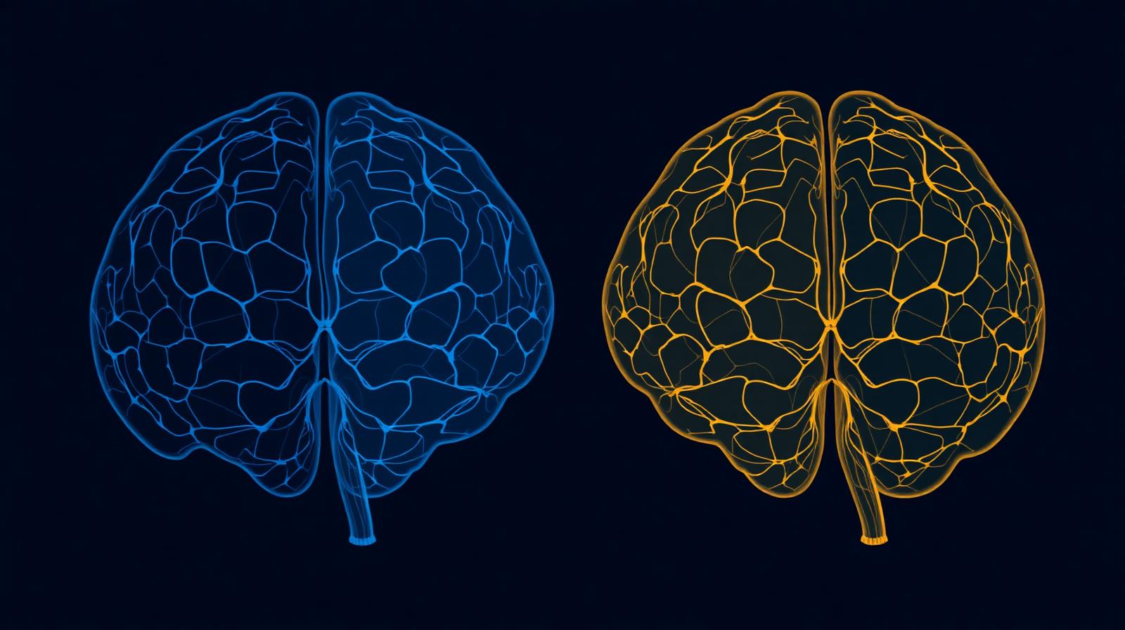 Two side-by-side translucent brain-lattice silhouettes — one blue, one gold — showing subtle mismatches. The visual metaphor for what a model transition does to memory.