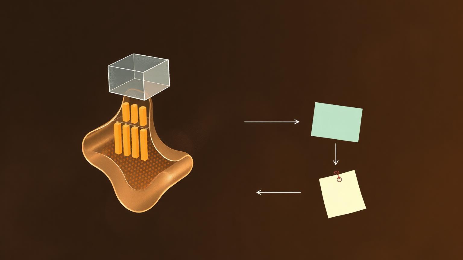 Painterly cutaway diagram showing four conceptual translucent layers floating in dark space — a small clear box (context window), a glowing pattern (fine-tuning), a sticky note (system prompt), and connecting arrows suggesting how each layer feeds the model.