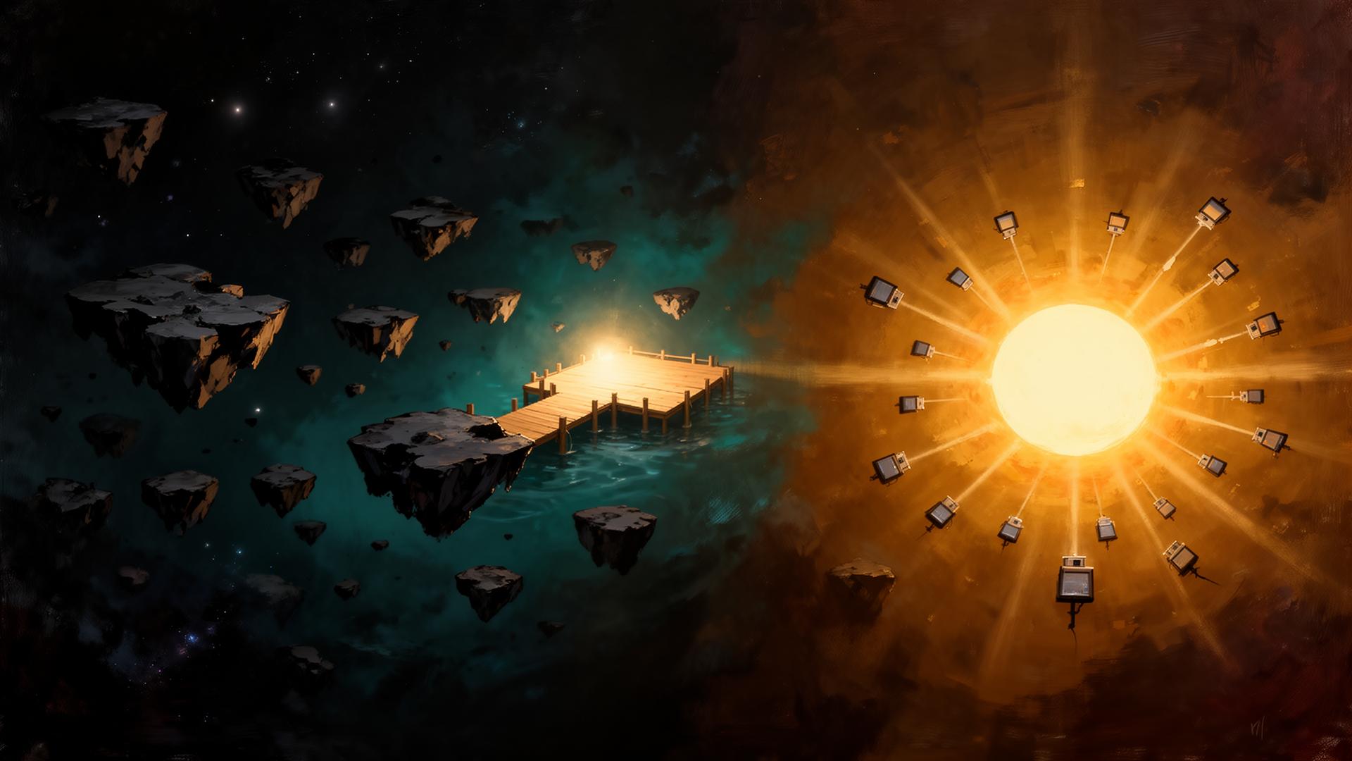 Three-zone illustration: isolated dark islands on the left (before MCP), a shared central glowing dock in the middle (MCP), a single warm sun radiating to many receivers on the right (a single memory source feeding every client).