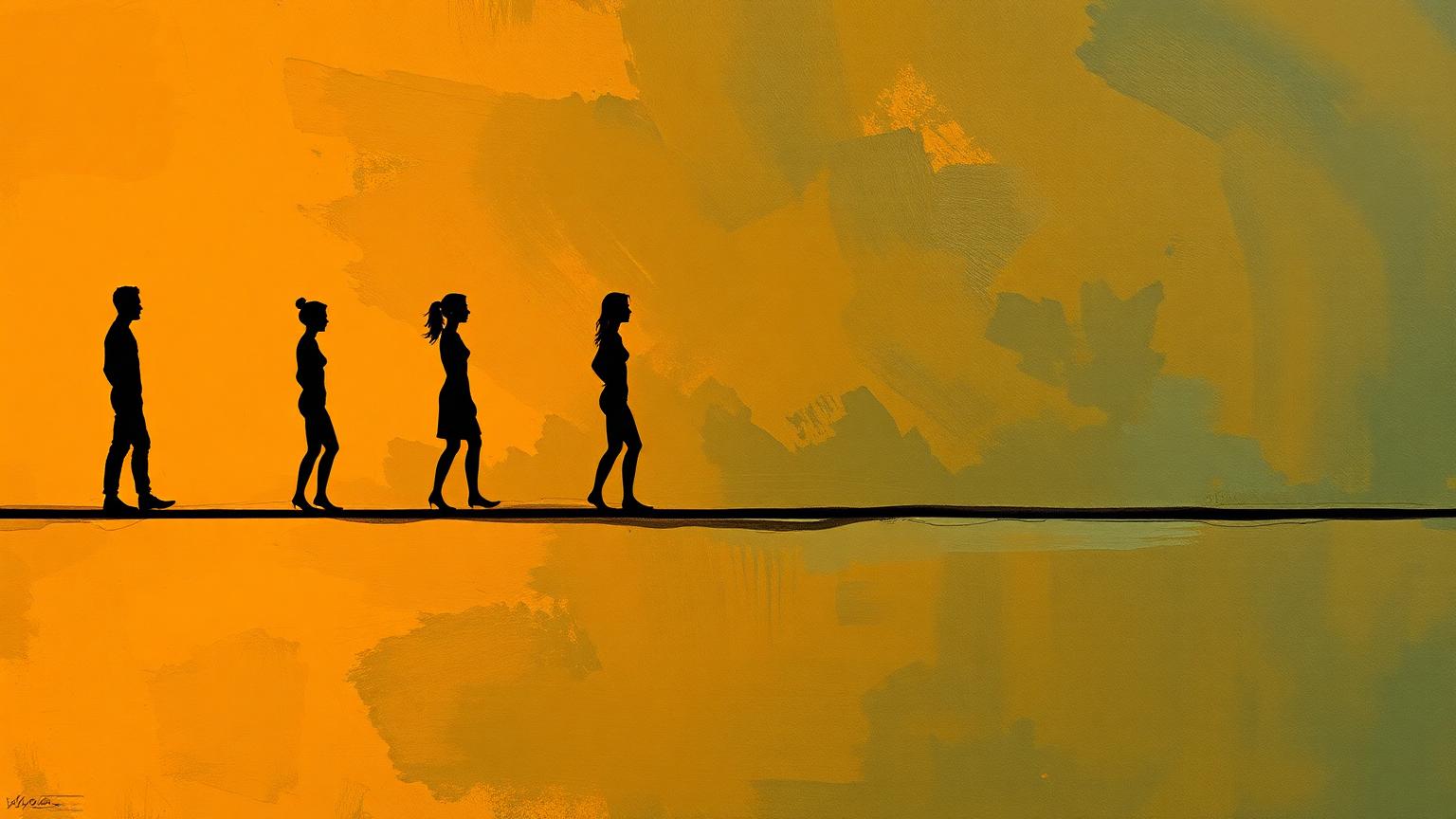 Horizontal painterly timeline of five stylized silhouetted figures stretched left to right — the same person at five points, the rightmost in a noticeably different posture from the leftmost.