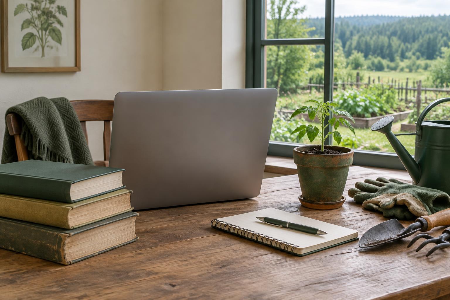 Reference books and a laptop beside a garden window