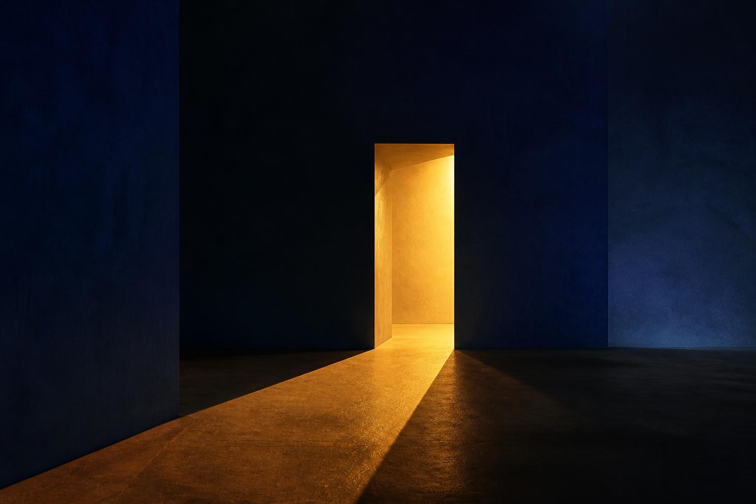 A solitary lit doorway in a vast dim space